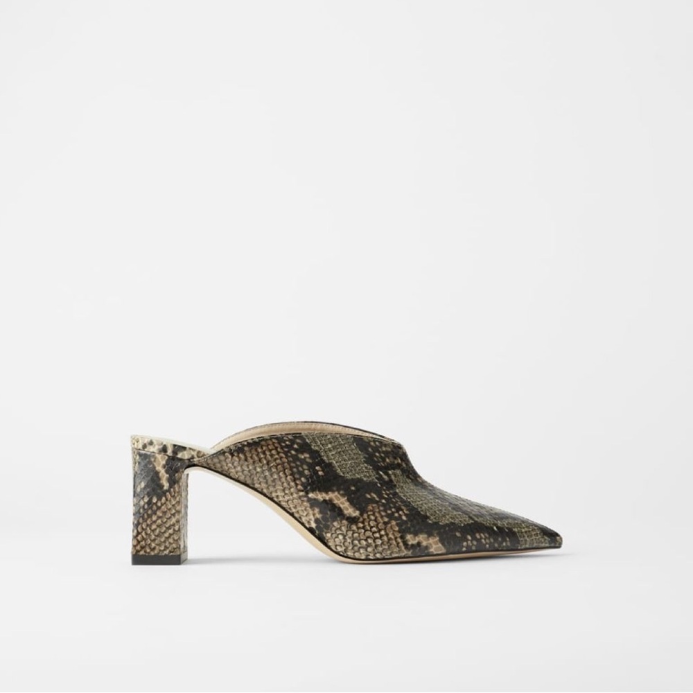 Zara Brown/Black/Tan Animal Snakeskin Print Pointed Block-Heel Mules